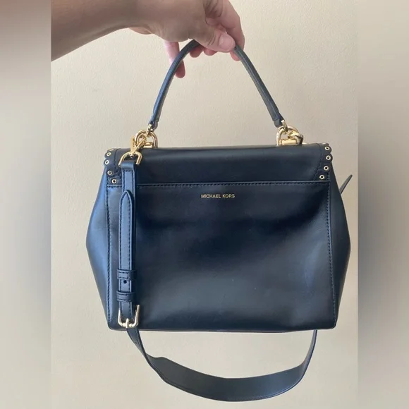 Michael Kors Black & Gold Ava Leather Satchel Handbag Purse Detachable Strap - Picture 5 of 7